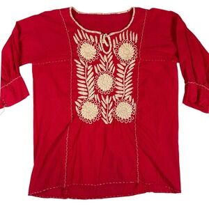 Red Embroidered Tunic Top Bohemian Mexican tan floral lightweight summer